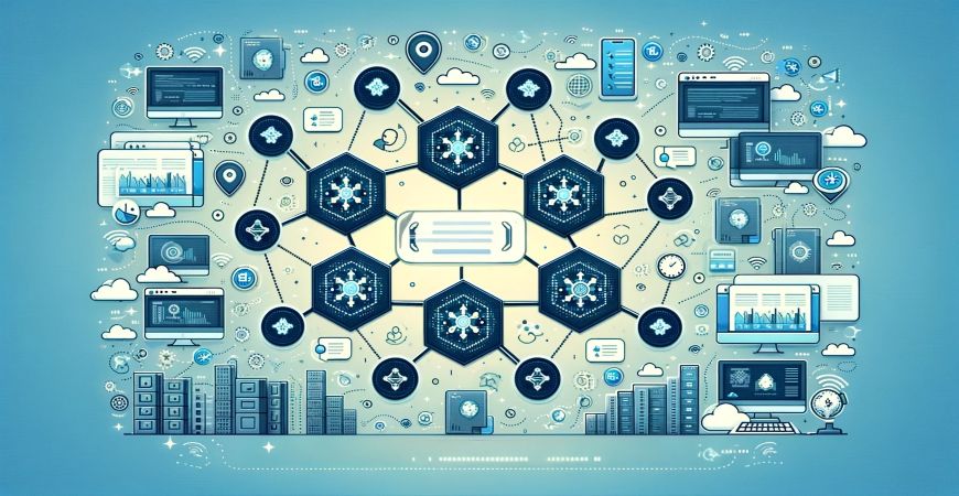 An illustration of a public blockchain network showcasing interconnected nodes, transparency, and decentralized data processing.