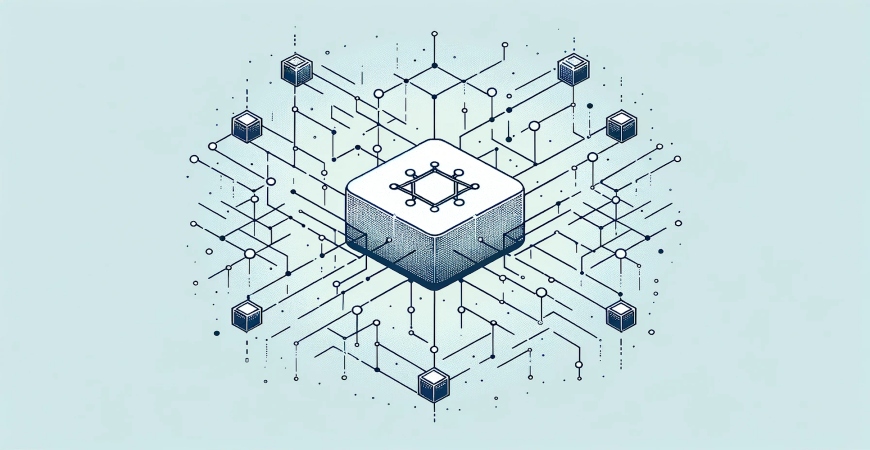 Illustration of a central blockchain node connected to smaller nodes, representing a decentralized network.