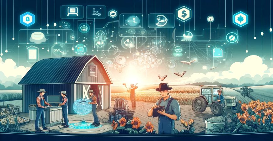 Blockchain technology enhancing agricultural finance with digital devices and smart contracts on a modern farm.