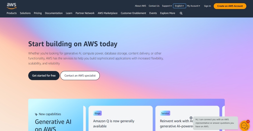 AWS homepage highlighting services for building generative AI, compute power, and database storage, with options to get started or contact an AWS specialist.