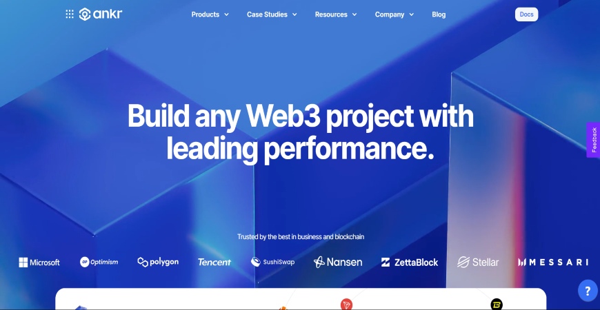Ankr homepage promoting leading performance for building Web3 projects, trusted by top blockchain businesses.