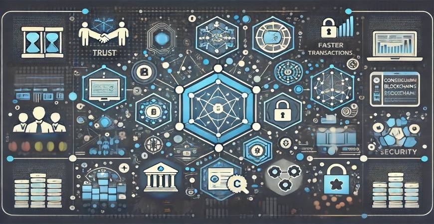 Visual representation of blockchain concepts, showcasing trust, security, and faster transactions through interconnected nodes and digital elements.