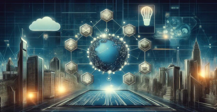 Global blockchain network integrating smart technology in a futuristic city.