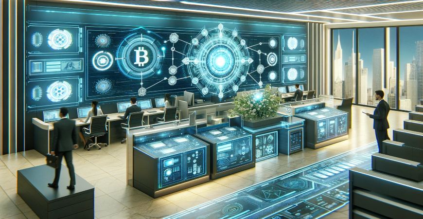 Advanced blockchain operations in a high-tech financial office.