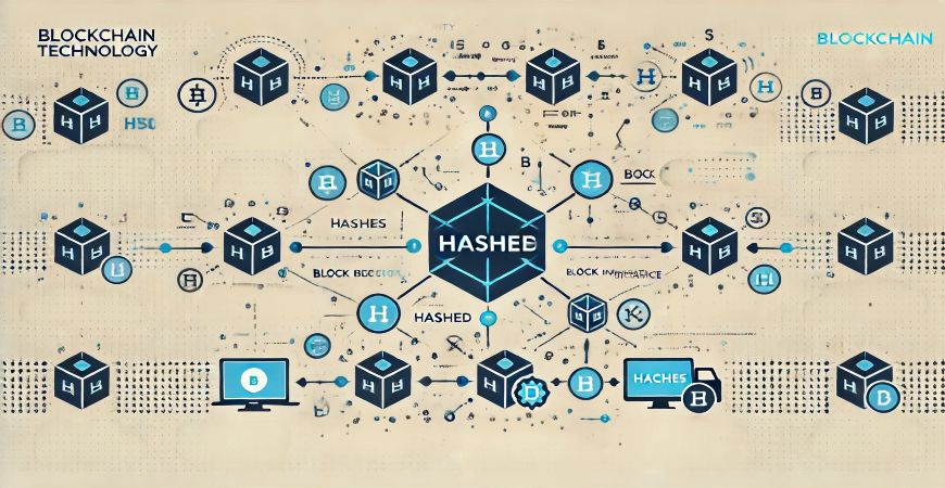 blockchain technology focusing on hashing security, showing interconnected nodes, hashes, and blocks.