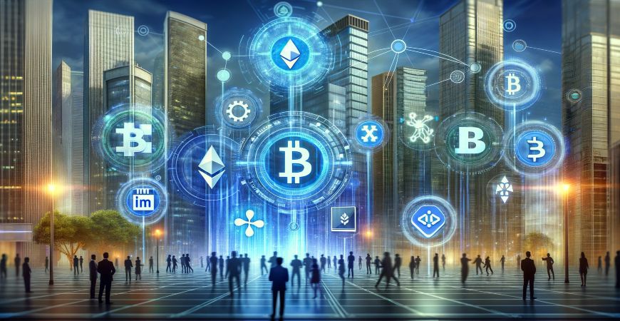 Blockchain technology in modern finance, with various digital currencies and futuristic cityscape.