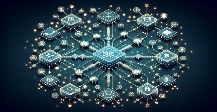 A network diagram illustrating interconnected blockchain nodes and various cryptocurrency symbols.