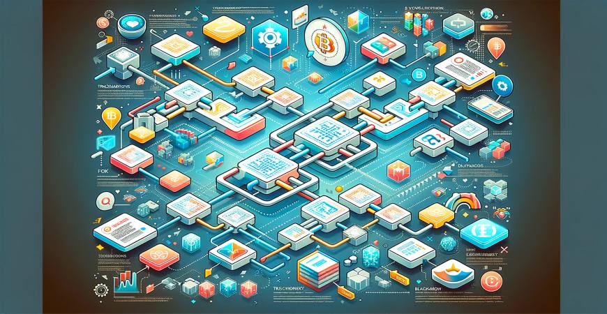 A detailed infographic showing a blockchain network with interconnected blocks and various applications.