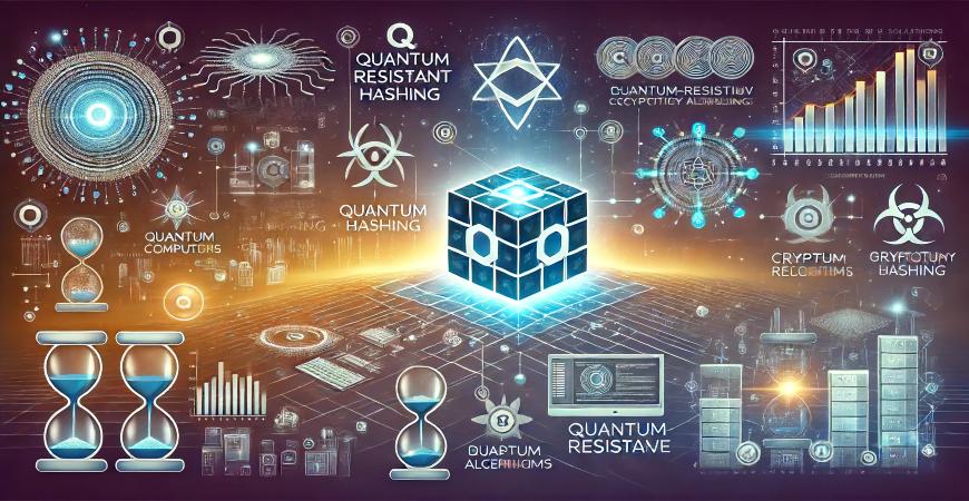 Infographic highlighting quantum-resistant hashing challenges, including quantum computers, quantum hashing, and security features.