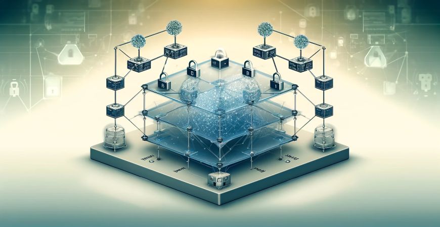 A conceptual image of consortium blockchains demonstrating collaborative efficiency with secure, decentralized nodes.