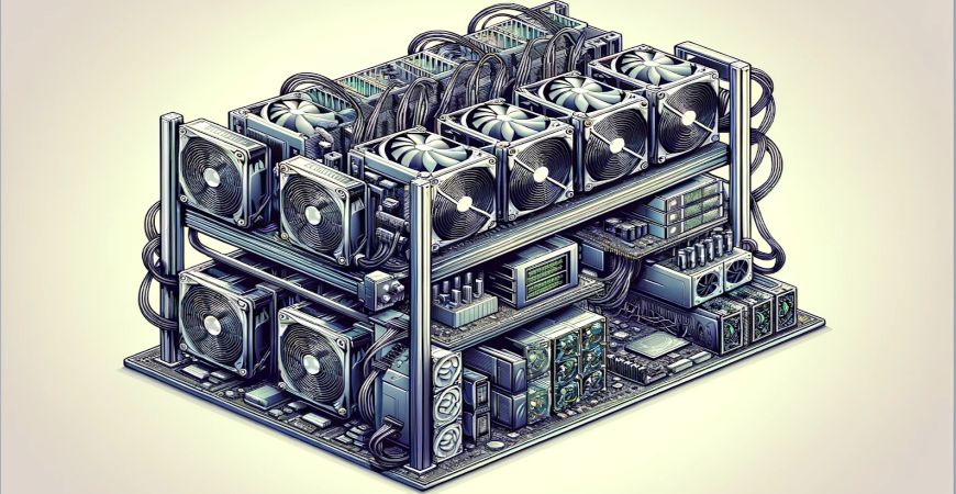Illustration of a cryptocurrency mining rig with multiple cooling fans and hardware components