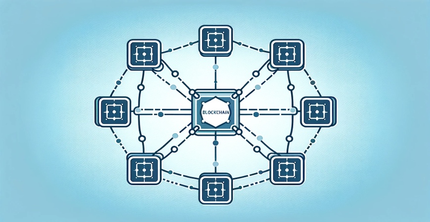 Diagram of interconnected blockchain nodes forming a decentralized network.