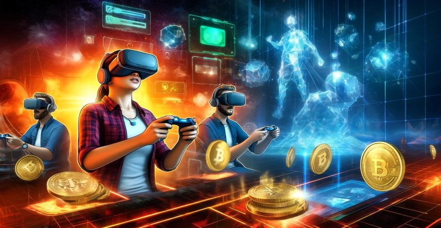 Blockchain in gaming, showcasing players using VR headsets and digital currencies.