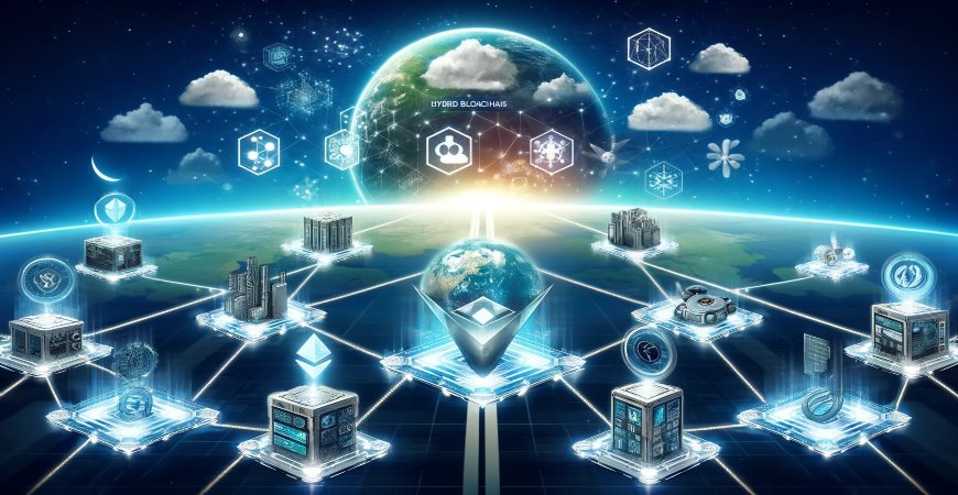 Global blockchain network connecting various sectors with hybrid blockchain technology, featuring earth and technology icons.