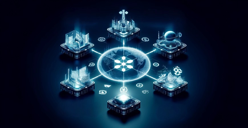 Futuristic digital network with blockchain nodes connected to various technological hubs, highlighting the interconnected nature of blockchain systems.