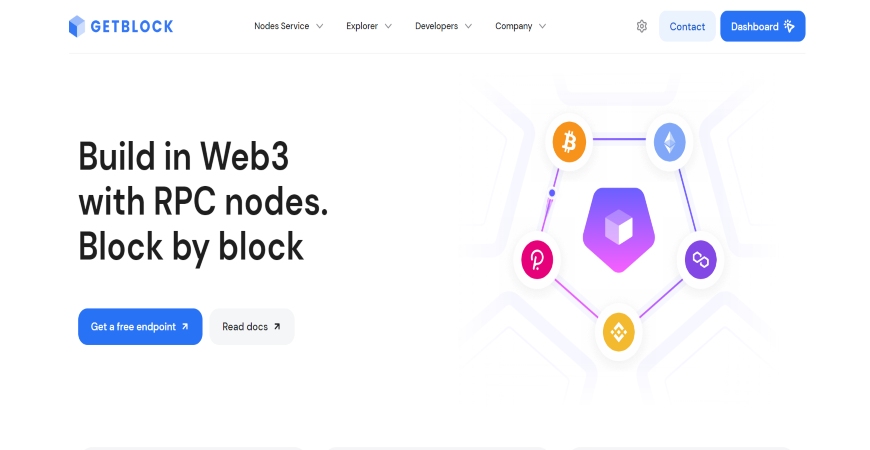 GetBlock homepage emphasizing building in Web3 with RPC nodes and offering free endpoint access.