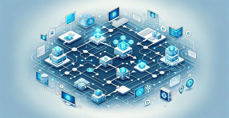 A blockchain network diagram with multiple interconnected nodes and blockchain-related icons.