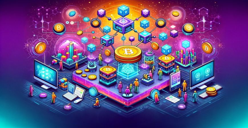 Colorful depiction of a blockchain ecosystem with Bitcoin at the center, featuring connected nodes, digital assets, and people interacting.