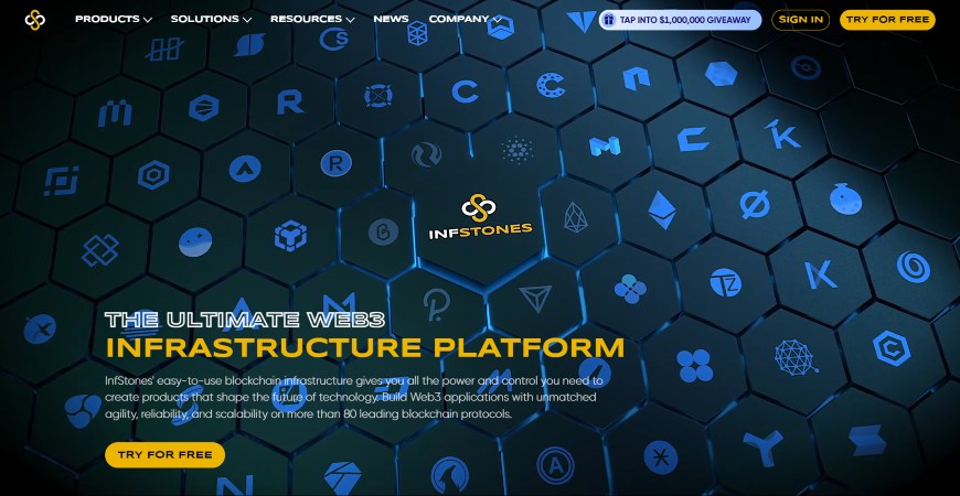 InfStones homepage showcasing ultimate Web3 infrastructure platform for building Web3 applications with leading blockchain protocols.