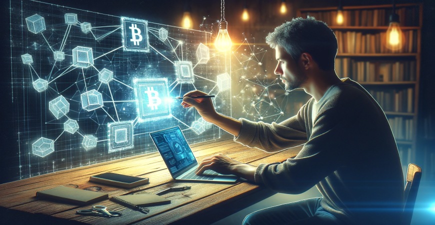 Man working on a laptop with a holographic blockchain network display, illustrating digital cryptocurrency connections.
