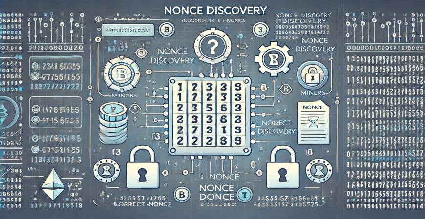 Infographic depicting nonce discovery in blockchain mining.