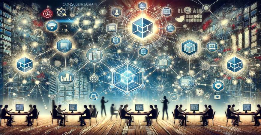 Illustration of a collaborative workspace with blockchain technology, emphasizing data connectivity and digital integration.