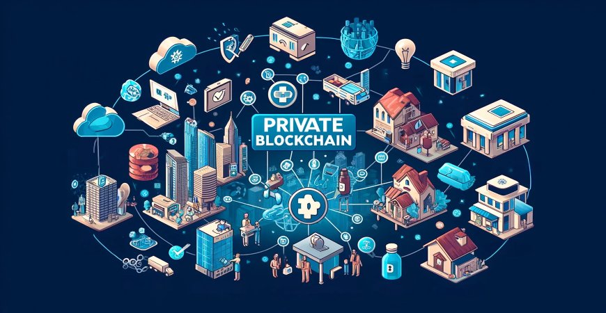 Illustration of various industries connected by a private blockchain network.