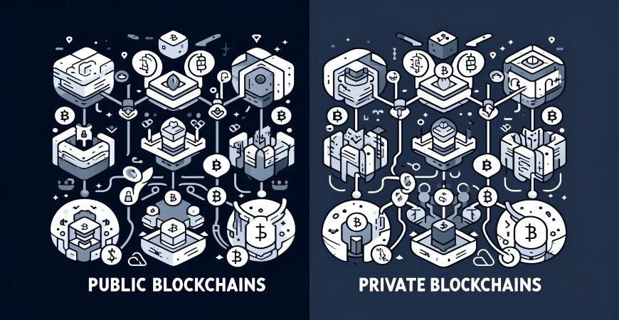 A comparative illustration showing the differences between public and private blockchains, represented with various blockchain-related icons.