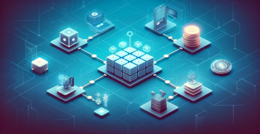 Simplified network diagram showing interconnected blocks and nodes, representing a private blockchain system.