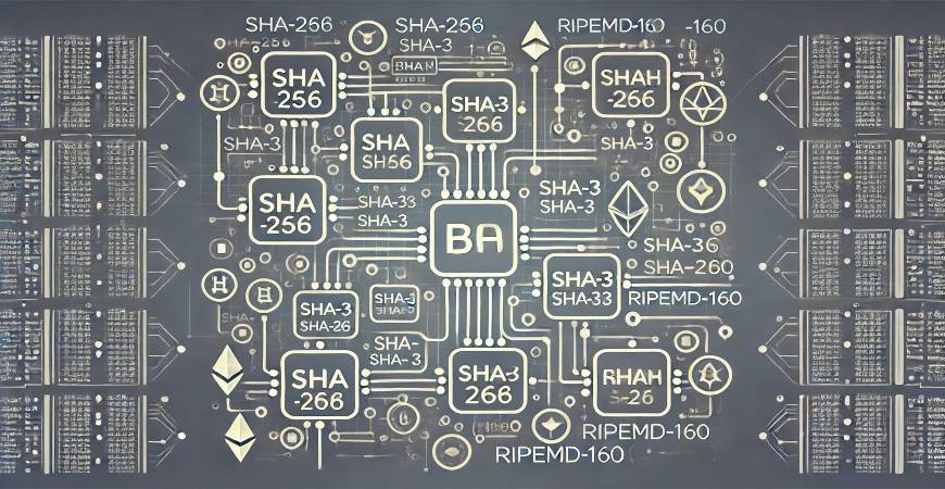 Diagram showcasing various hash functions used in blockchain, including SHA-256, SHA-3, and RIPEMD-160.