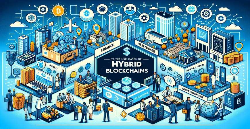 Hybrid blockchain use cases in finance, healthcare, supply chain, and government, depicted with business icons and interconnected networks.