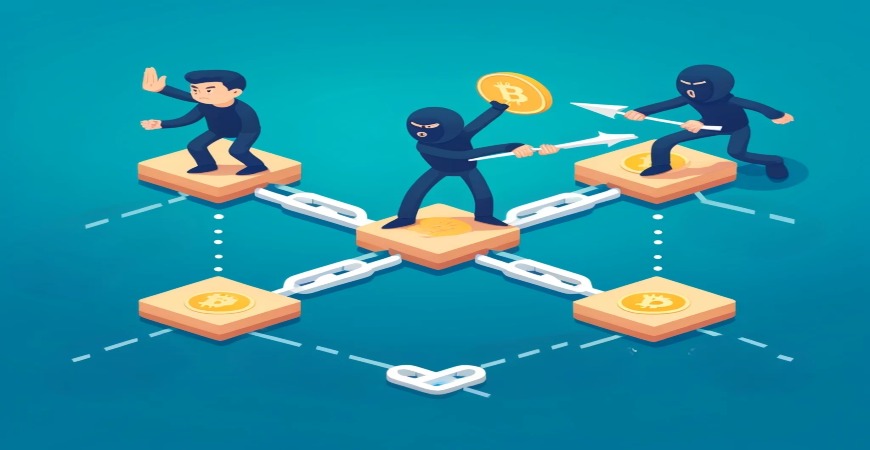 Illustration of attackers targeting blockchain nodes with malicious activities, showcasing the concept of blockchain security breaches and vulnerabilities.