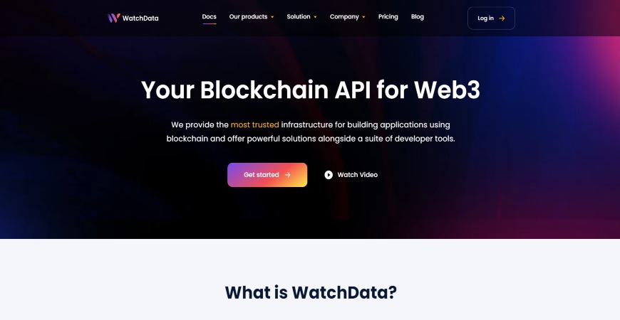 WatchData homepage showcasing trusted blockchain API infrastructure for building Web3 applications with developer tools.